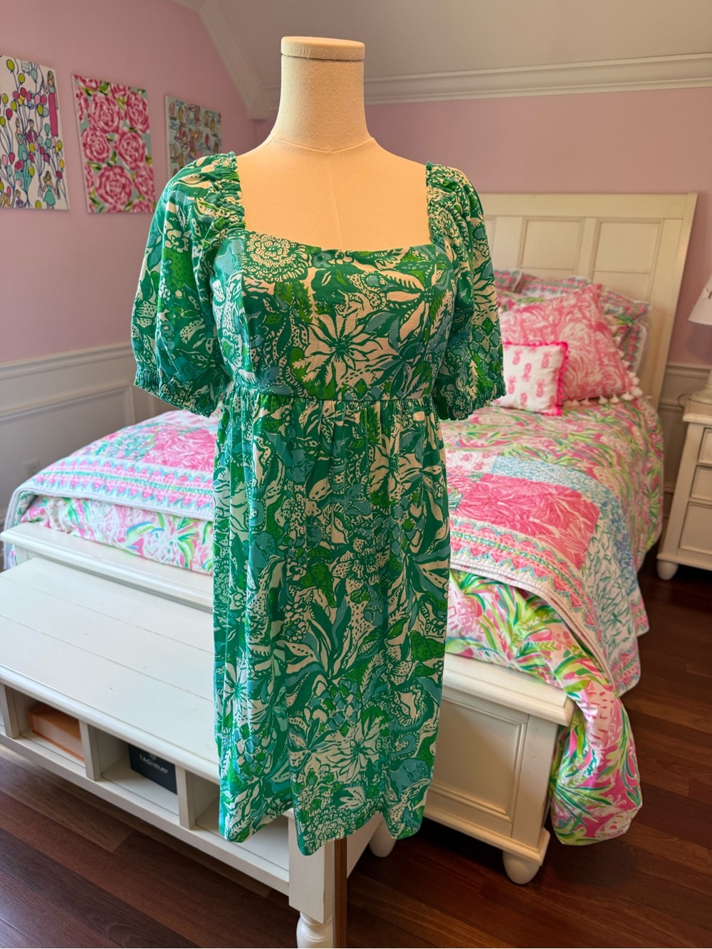 Lilly Pulitzer Green & White Floral Square-Neck Midi Dress